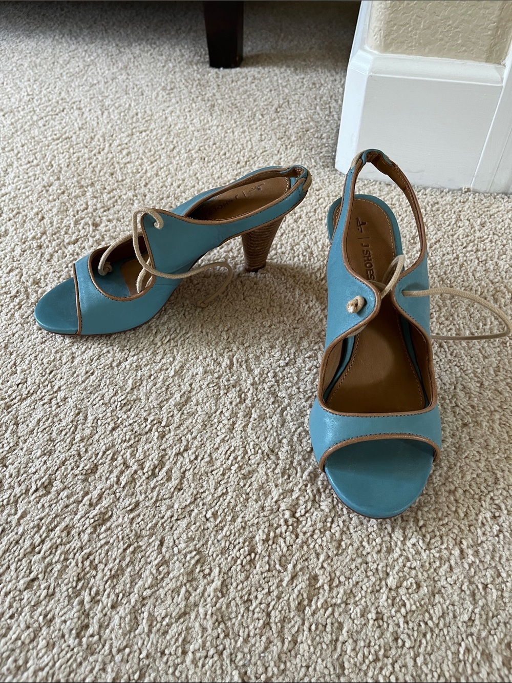 Teal Open-Toe Lace-Up Slingback Heels with Tan Trim